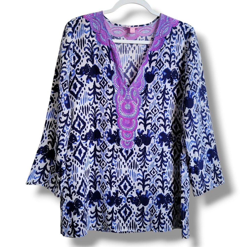 Lilly‎ Pulitzer 100% Silk 3/4 Sleeves Renato Tunic Blouse Top Medium Blue Purple